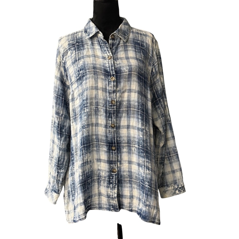J. Jill Womens Blue White Distressed Plaid Button Down Shirt Large Regular L‎